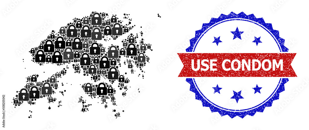 Poster guard mosaic map of hong kong, and bicolor grunge use condom seal stamp. vector stamp seal contains 