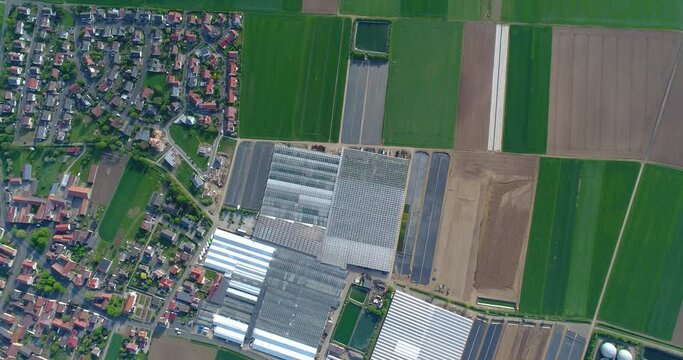 European city near greenhouses, a large greenhouse complex near the European village, Google Maps illusion