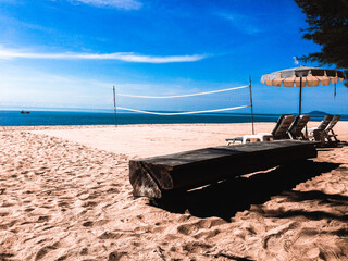 Beach umbrella with blue sky on tropical beach.Bayview Becach Bankrut Prajuabkerekaan,Southern of Thailand