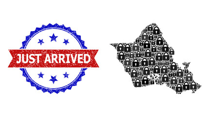 Obraz premium Guard mosaic map of Oahu Island, and bicolor grunge Just Arrived stamp. Vector stamp seal has Just Arrived text inside red ribbon and blue rosette. Map of Oahu Island mosaic of lock symbols.