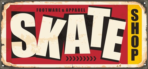 Skate shop sign with creative typography. Red and black lettering design for skateboard store advertisement. Vintage vector inscription. © lukeruk