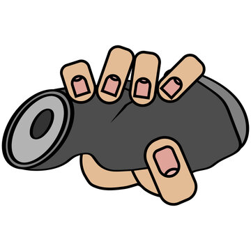 Hand holding crumpled jar on white background in cartoon style