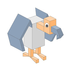 Cute 3D vulture character in pixel style on a white background. Element of geometric flat vulture for 3d game.