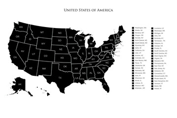 Fototapeta na wymiar United States of America map silhouette with states and borders illustration