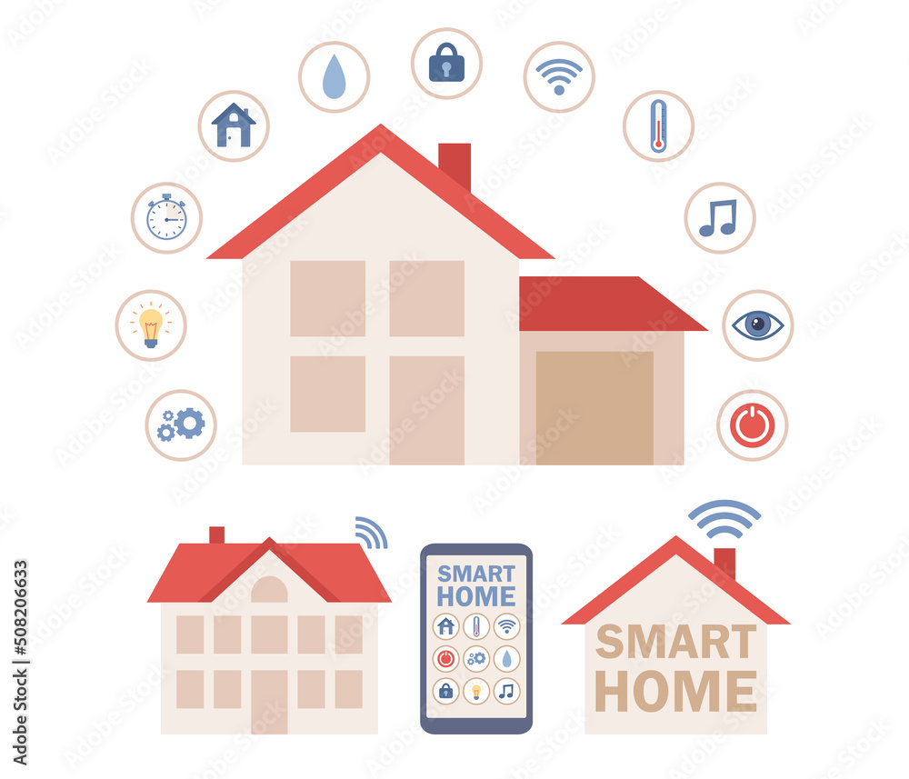 Poster smart home set icon. automation centralized control of house online via smartphone app. intelligent 