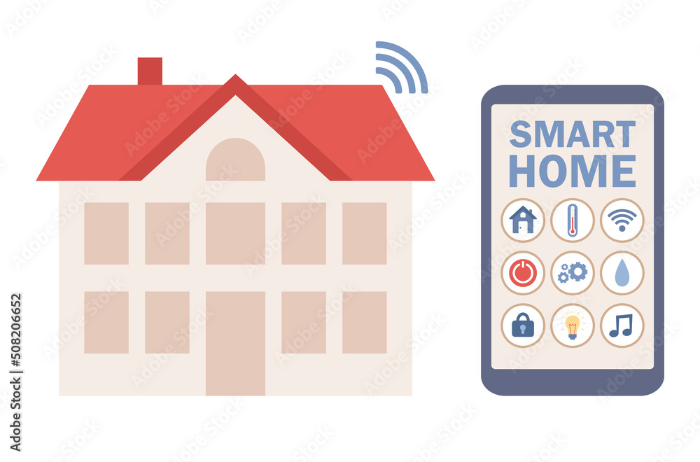 Poster smart home concept. automation centralized control of house via smartphone app. intelligent systems 