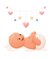 Newborn baby lying and playing with hanging mobile or rattles vector illustration.