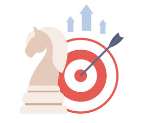 Business strategy icon with chess figure, target, growth arrows. Chess horse startup. Vector flat illustration 