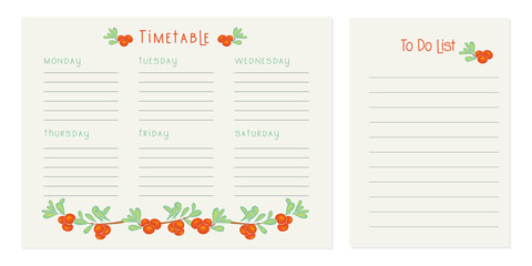 Timetable , Class schedule, weekly calendar and to-do list. Weekly schedule. Organizer information template. Empty school timetable. Empty to-do list. Planning sheet planning. Vector illustration