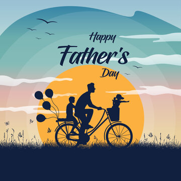 Happy Father and Kids Enjoying the bi-cycle Ride. Happy Father's Day Social Media Post Design.