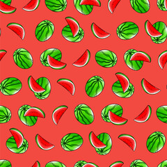 Vector seamless pattern, watermelon in watercolor style with black contour