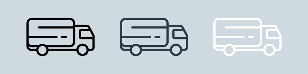 Truck line icon for transportation, commerce apps and websites in black, grey and white colors. Delivery icons set.
