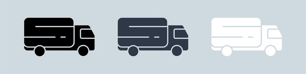Truck solid icon for transportation, commerce apps and websites in black, grey and white colors. Shipping icon collection.