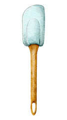 Blue kitchen spatula with a wooden handle painted in watercolor. Kitchen utensils, cookware on a white background.