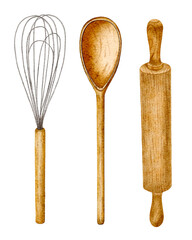 Whisk, rolling pin, spoon with wooden handle painted in watercolor. Kitchenware and utensils on a white background.