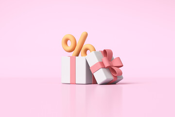 Open gift with a percentage in the inside on a pink background. 3d rendering illustration.