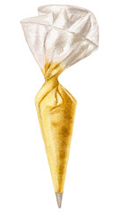 Pastry bag filled with yellow delicious cream painted in watercolor. Kitchen utensils on a white background.