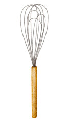 Whisk for whisking painted in watercolor with a wooden handle. Kitchen utensils, clipart for bakery design.
