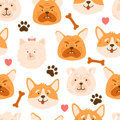 Seamless cartoon dogs head pattern with bones and paws. Cute animals, pet vector hand drawn color background for kids apparel,fabric, textile, nursery decoration,wrapping paper