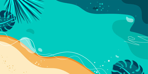 Summer vector background. Wave water, sea, beach, sand with palm and - obrazy, fototapety, plakaty