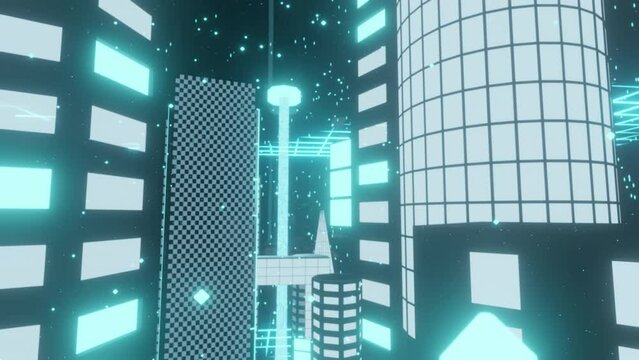 Virtual city and skyscraper glass towers with urban architecture, building construction and cityline on abstract motion illustration. Futuristic graphic exterior reflection. 3d render animation.