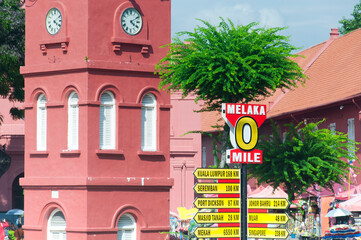Clock tower and city mileage marker Melaka Malaysia