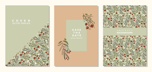Set of rectangular plant templates. Collection of covers with olive twigs and berry twigs in pastel earth colors. Suitable for postcards, invitations, advertisements with space for text. Vector.