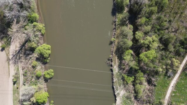 Aerial view of Chepelarska River, pouring into the Maritsa River near city of Plovdiv, Bulgaria