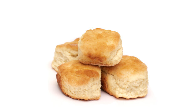 Traditional homemade buttermilk biscuits on white with copy space