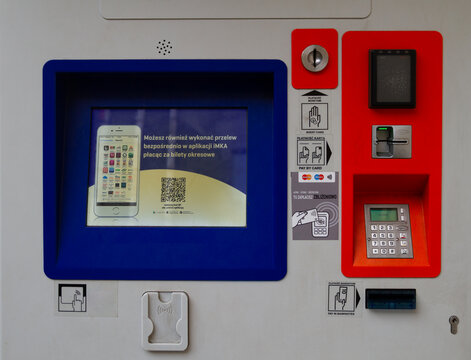 PKP train ticket vending machine or Biletomat at Polish railway station on May 19, 2022 in Krakow, Poland.