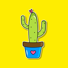 Bright succulent cactus grows pot with flower and glare. Illustration for stickers, books, patterns