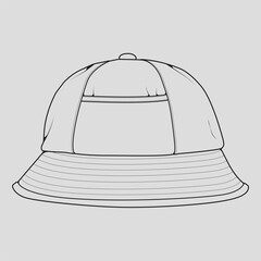 bucket hat outline drawing vector, bucket hat in a sketch style, trainers template outline, vector Illustration.
