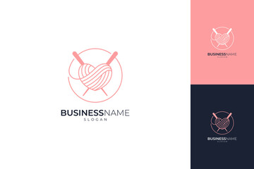 heart-shaped spun yarn logo and knitting needles, unique and creative line art style, suitable for fashion, clothes shops and convection companies, pink color on white background