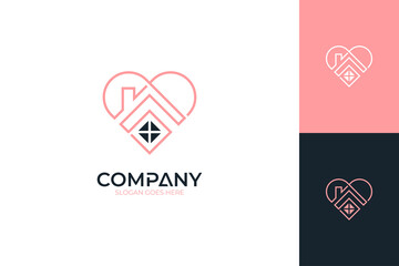 Heart and house logo. Modern geometric linear line style with multiple previews and color variations of pink, black and white.