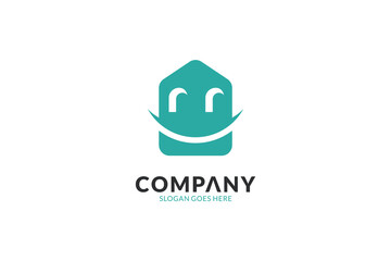 A fun house logo with an abstract concept of a house shape with a smiling expression, cute, flat and simple cartoon style on a blue and white background.