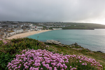 A view from a hill overlooking Porthmeor Beach in St Ives, Cornwall
