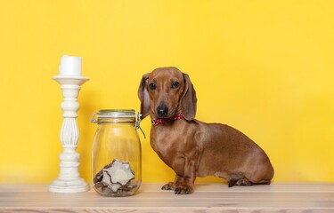 A hunting dog of the Dachshund breed sits next to an old high white candlestick and a glass transparent jar with homemade cookies and looks attentively into the camera.