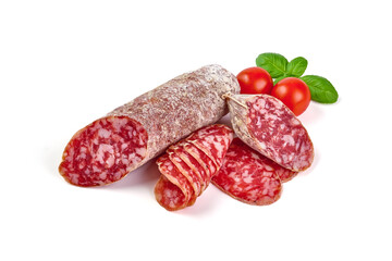 Italian salami with mold, isolated on white background.