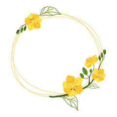 Round gold frame with yellow flowers with a place for text. Vector illustration on a white background for decor and for wedding invitations