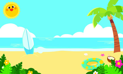 Fototapeta na wymiar beach background illustration flat with smiling sun modern vector