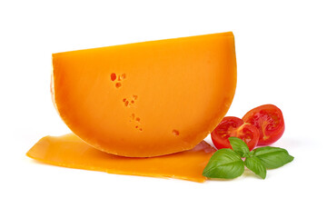 Wedge of orange French Mimolette cheese isolated on white background.