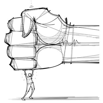 Giant fist of oppression crushing tiny man