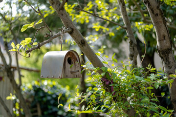 wooden birdhouse hanging from the tree in the garden of the house. Selective focus birdhouse.