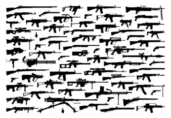 Weapons silhouette set. Collection of various realistic firearms. Assult rifles, sniper rifles, shotguns, handguns, machine guns, historical guns & other. Vector illustration. Collection - obrazy, fototapety, plakaty