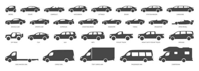 Car body types. Different vehicles. Vector illustration. Collection - obrazy, fototapety, plakaty