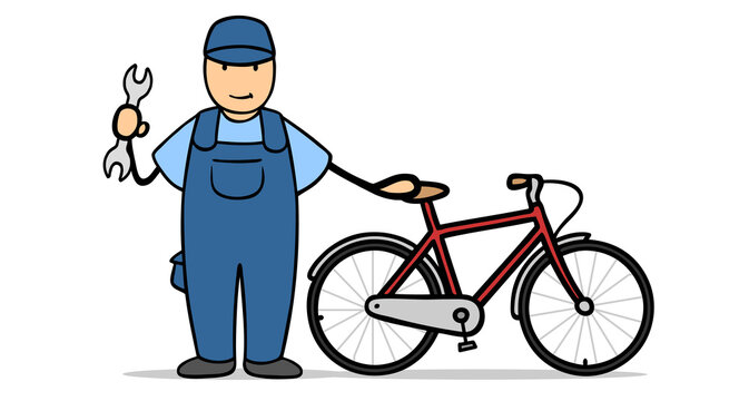 mechanic with wrench and red bicycle clip art preview
