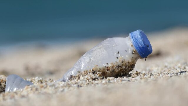 Garbage pollution of the planet. Empty plastic bottle on the beach sand. Consequences of human life