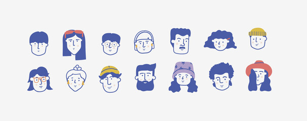 Profile icon set in hand drawn cartoon style. Heads with different emotions and haircuts. Avatar pack for website or mobile app design. Diversity people portrait vector pictures. Isolated characters.