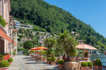 Promenade and restaurant on the shore of Lake Maggiore in Cannero Riviera in northern Italy