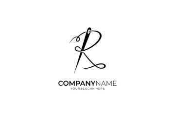 Unique and creative logo concept sewing needle and thread forming letter R, flat design style, simple and line art, black color on white background - obrazy, fototapety, plakaty